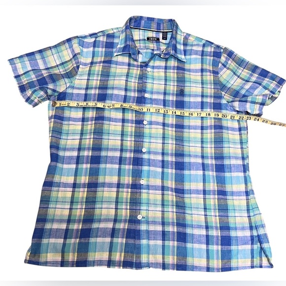 IZOD Men's LG Classic Plaid Button Down Short Sleeve Shirt Casual Linen Blend - Picture 4 of 9